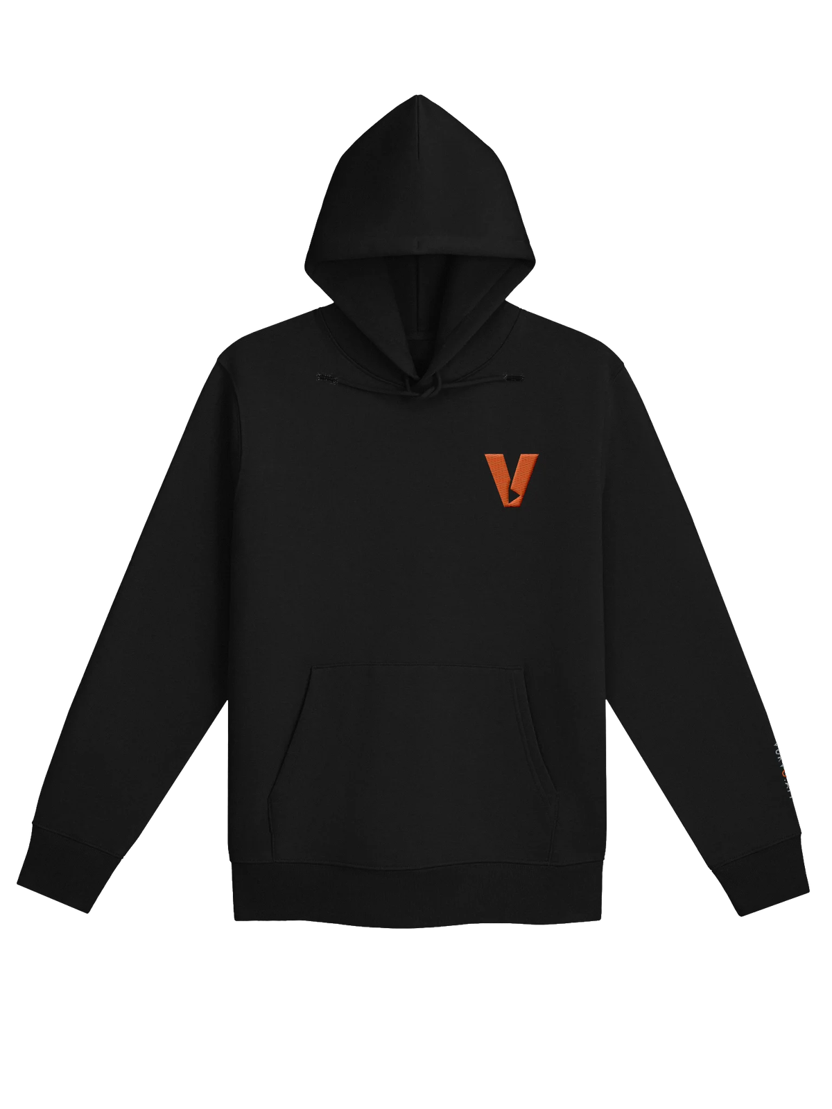 Black organic cotton hoodie with an embroidered ember Spark V on the left chest and VURVO.APP stitched down the sleeve