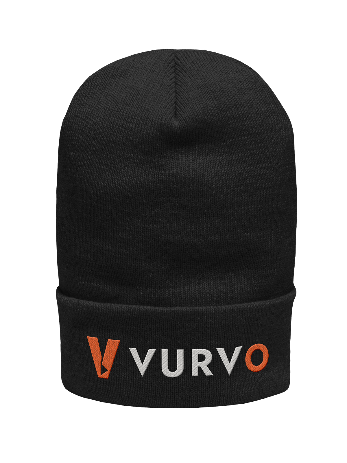 Black cuffed knit beanie with the Spark V and VURVO wordmark stitched across the cuff