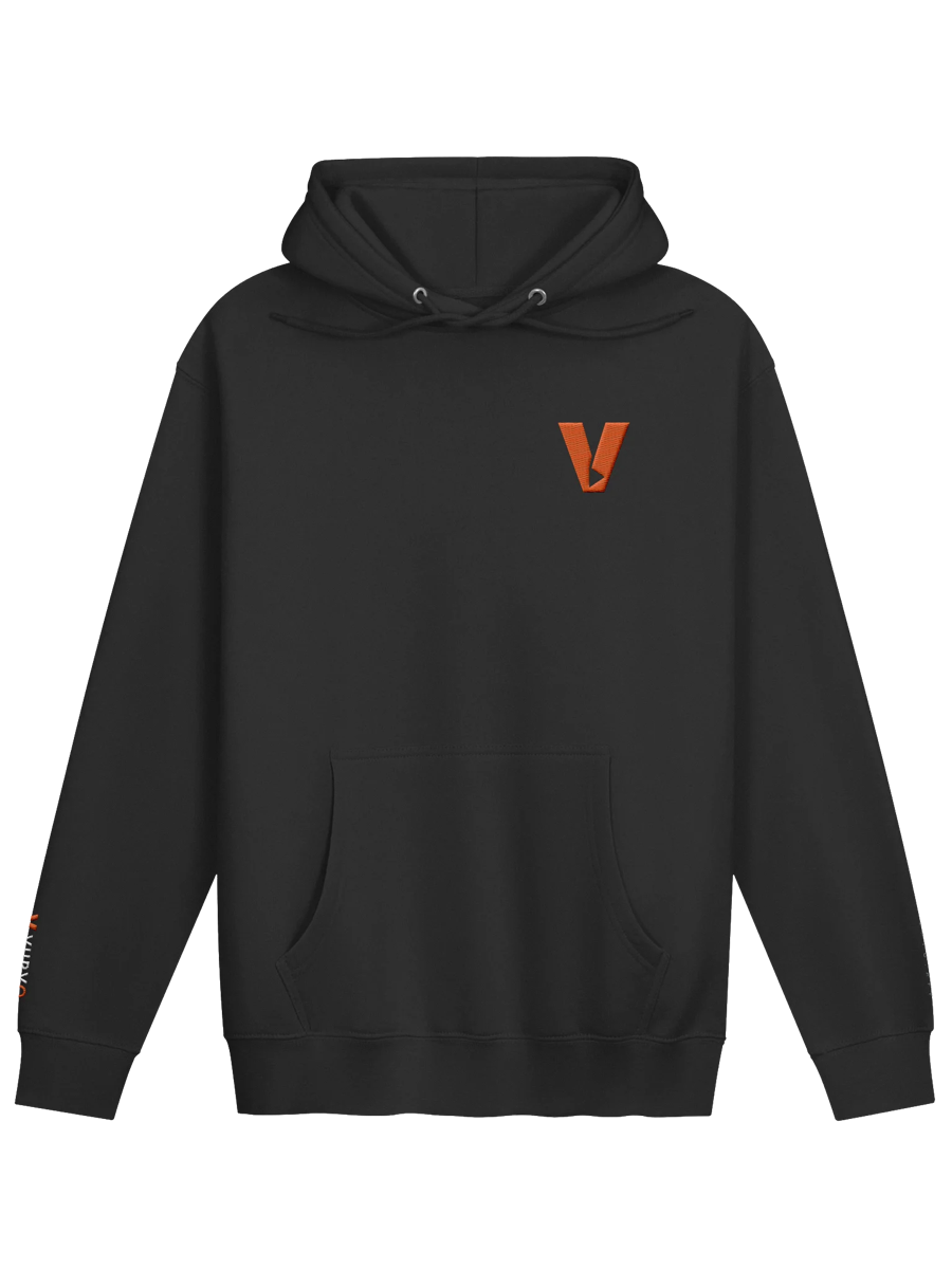 Black hoodie with an embroidered ember Spark V on the left chest and VURVO.APP stitched down the sleeve