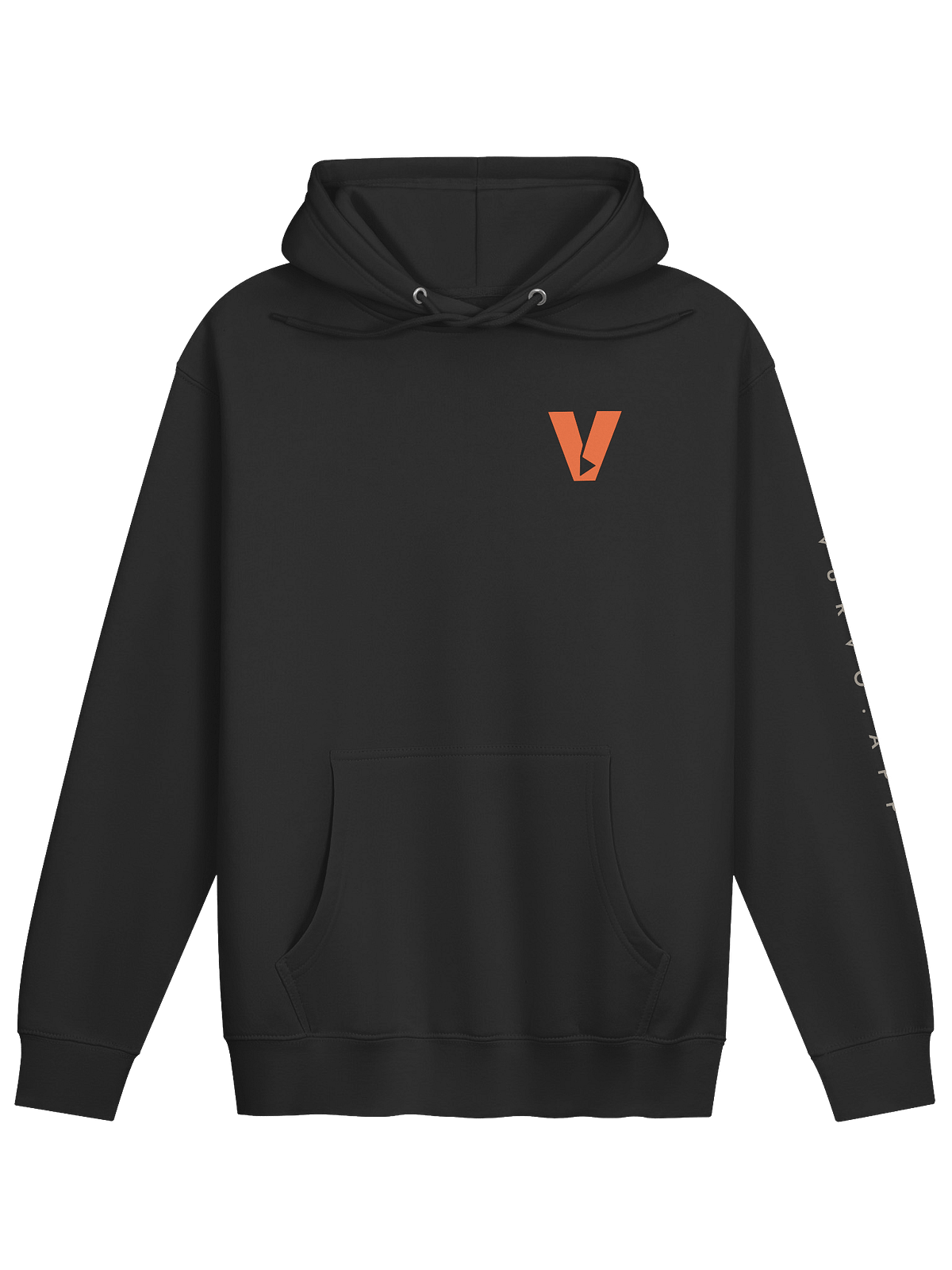 Black hoodie with the ember V logo on the chest and VURVO.APP down the sleeve