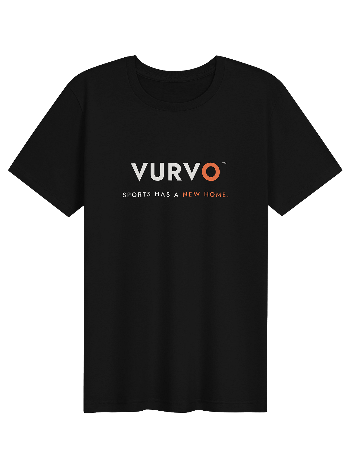 Black t-shirt with VURVO across the chest and the tagline Sports has a new home